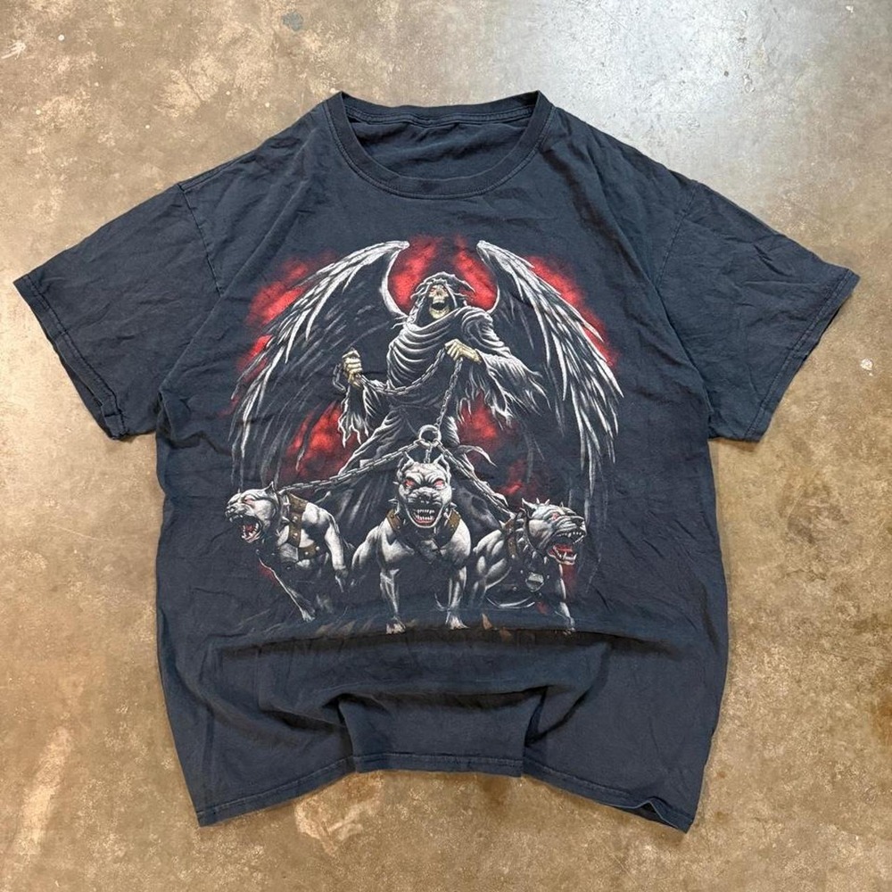 Vintage Y2K Grim Reaper Hellhounds Graphic Tee Faded Black Grunge Skater Large